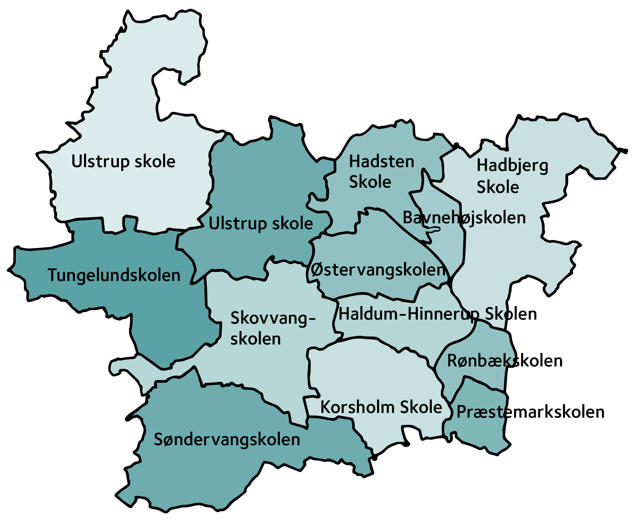 Kort over skoledistrikter i Favrskov Kommune
